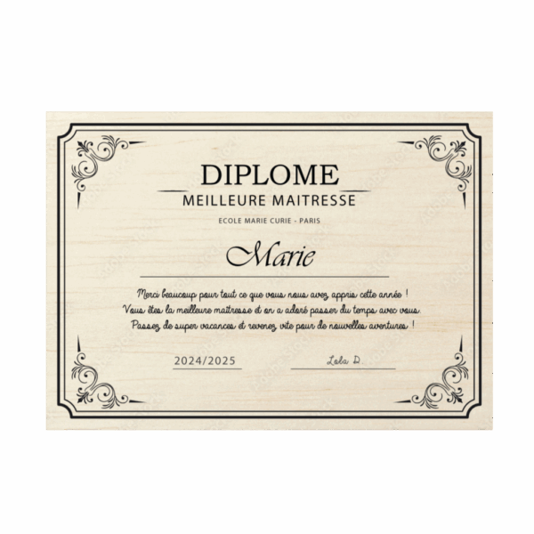Diplôme personnalisé en bois – Gravure laser pour Maîtresse, Nounou, Atsem, Parents, Mamie, etc.