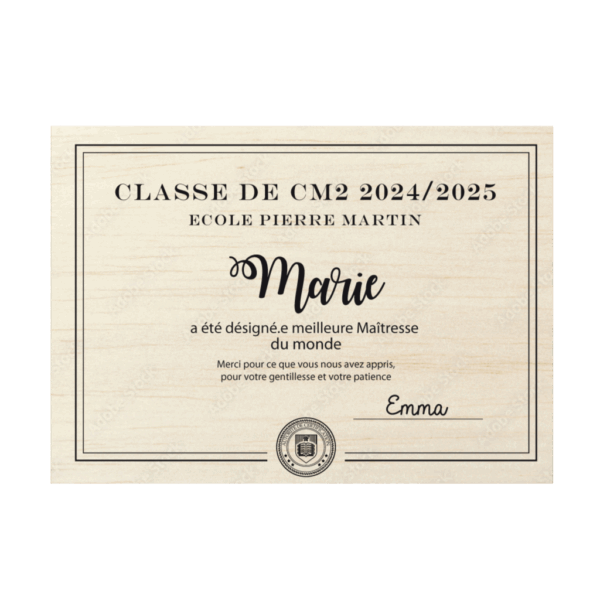 Diplôme personnalisé en bois – Gravure laser pour Maîtresse, Nounou, Atsem, Parents, Mamie, etc.