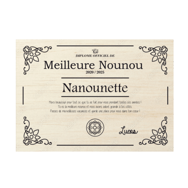 Diplôme personnalisé en bois – Gravure laser pour Maîtresse, Nounou, Atsem, Parents, Mamie, etc.